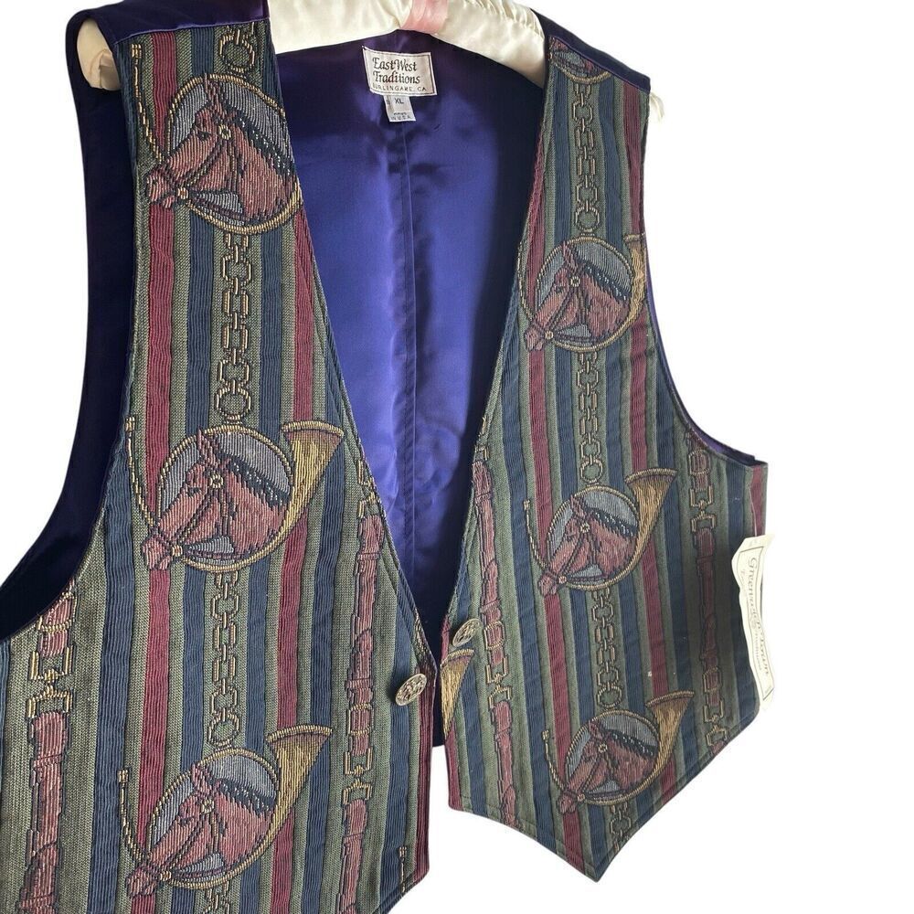 Vintage Greenwich Town Tapestry Vest Womens Extra Large Equestrian Horses NEW - Picture 2 of 6